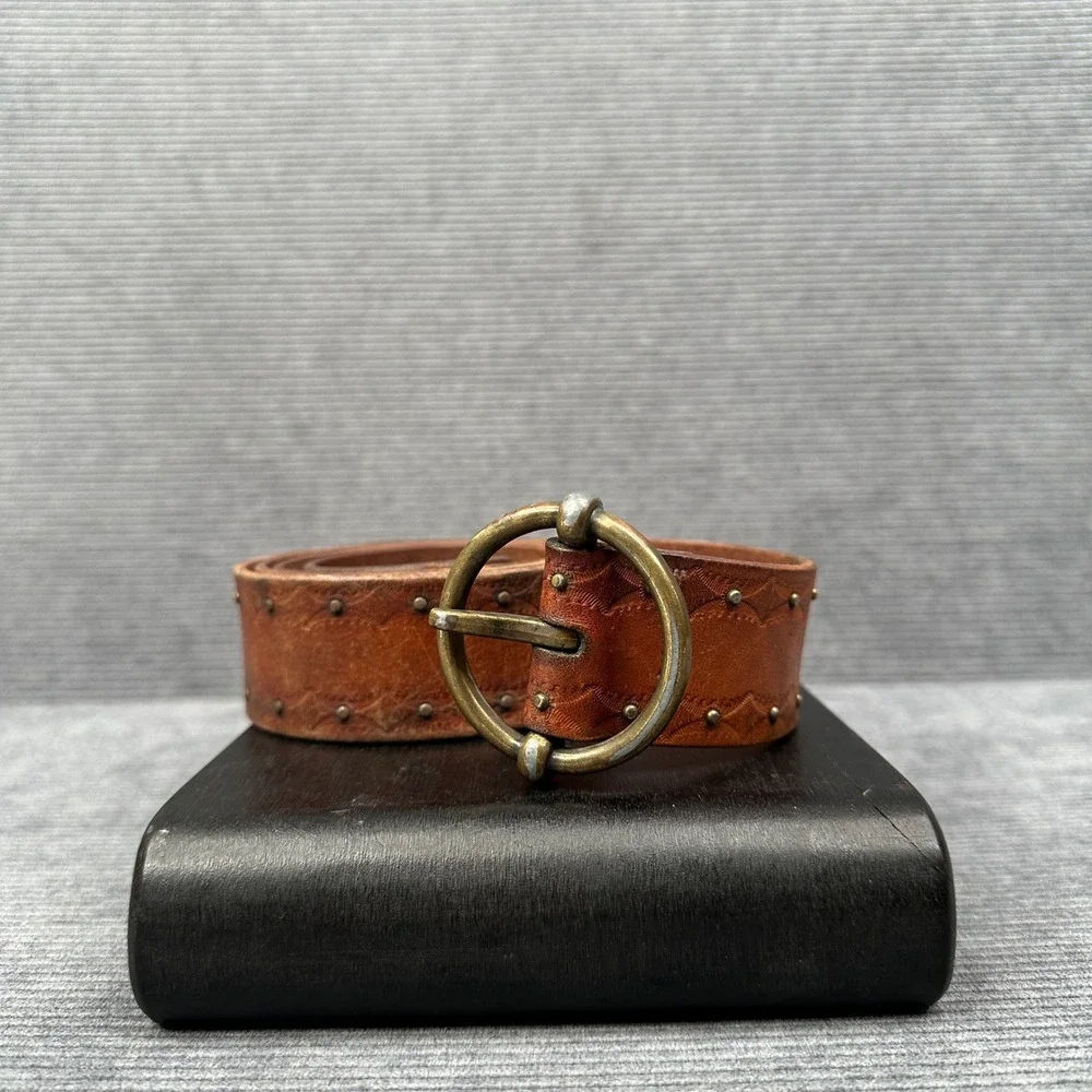 Vintage Brown Studded Leather Belt Brass O-Ring Buckle Western Boho 42 Inch